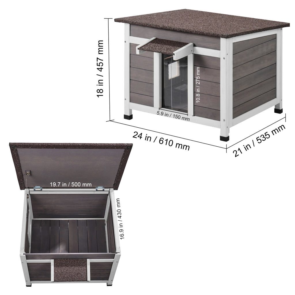 Fir Wood Outdoor Cat House with Asphalt Roof, Acrylic Window and Removable PVC Door Flaps, 20 or 24 Inch Feral Cat Shelter with Cleaning Access