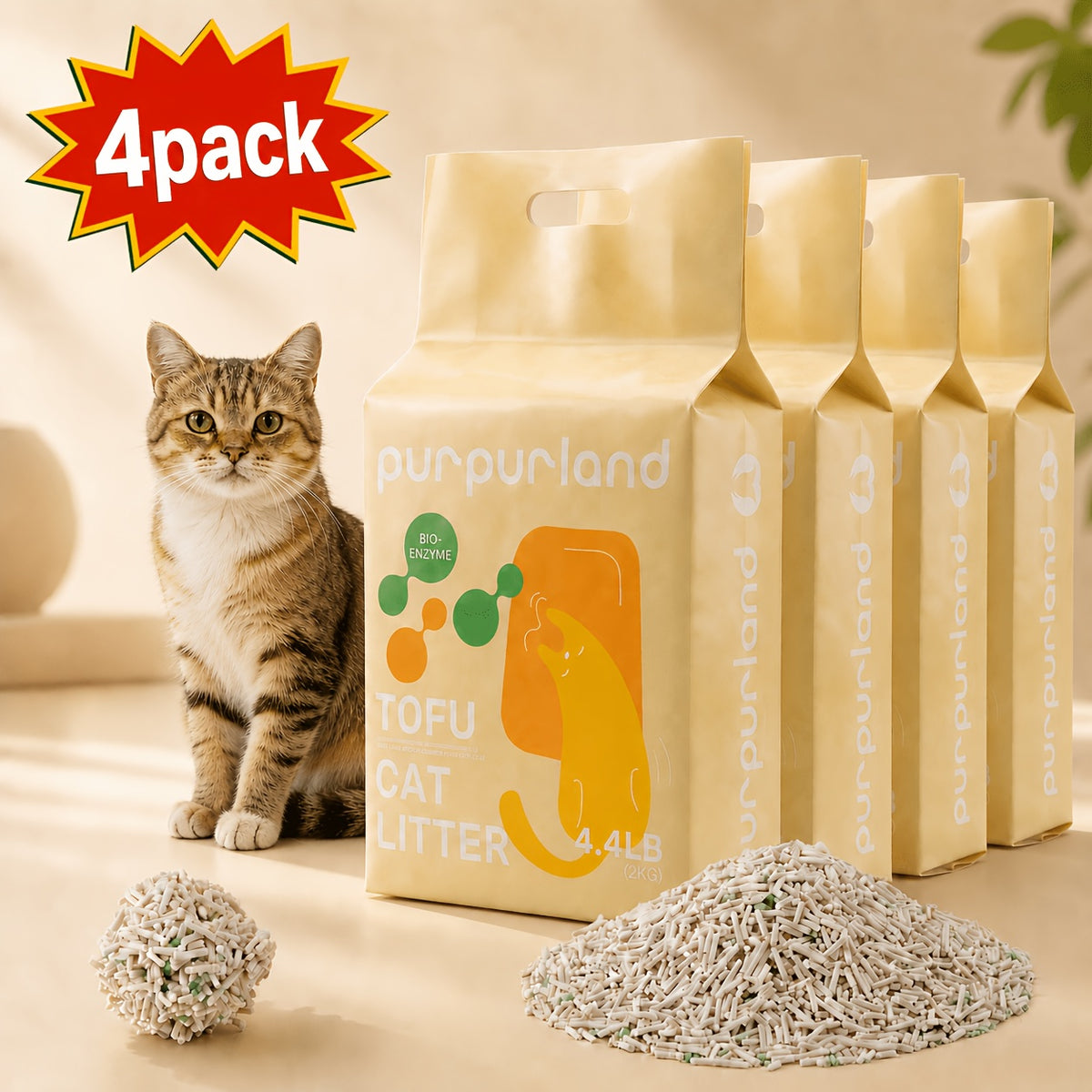 Unscented Tofu Cat Litter with Corn Starch Blend, Quick-Clumping Low-Tracking Pellets for Multi-Cat Homes, 8.8 lb 2-Pack or 17.6 lb 4-Pack