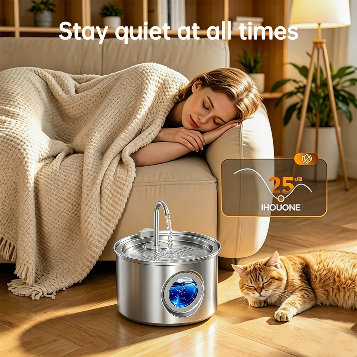 Dog Water Fountain 74oz 2.2L, Quiet 304 Stainless Steel Pet Drinking Dispenser with Large Water Level Window, Easy-Clean Design and Filter Bundle Options