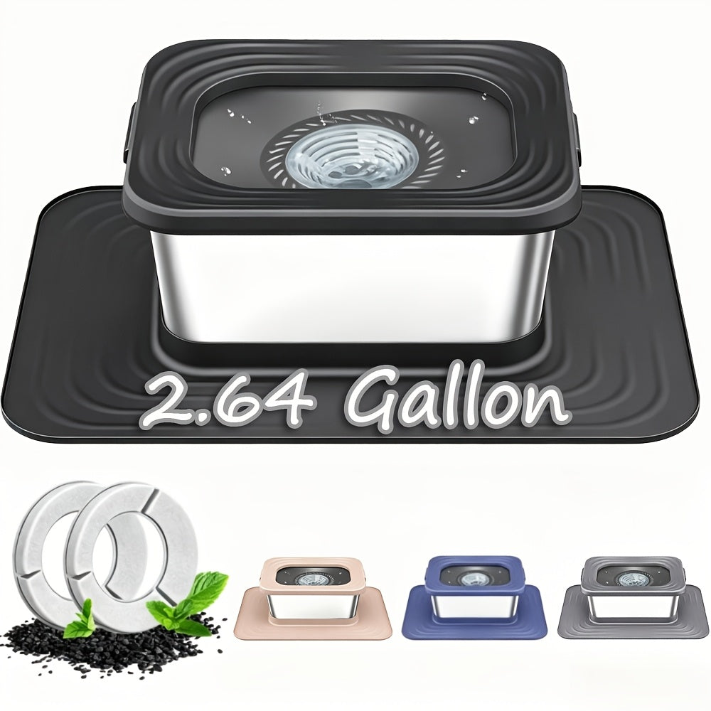 No Spill Dog Water Bowl, 2.64 Gallon Stainless Steel Slow Water Feeder with XXL Mat for Large Dogs and Multiple Pets, Non-Slip Indoor Outdoor Design