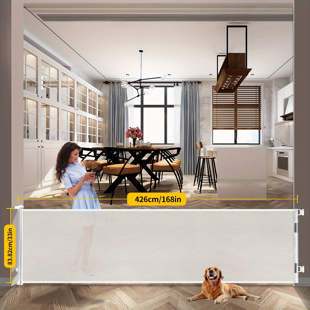 Retractable Mesh Dog Gate for Doorways and Hallways, Indoor Outdoor Pet Barrier in Black, White or Gray, Multiple Sizes up to 197 Inches Wide
