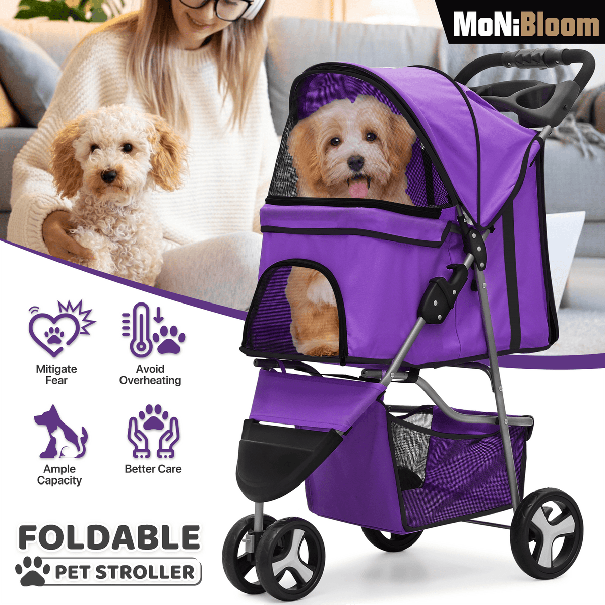 Three-Wheel Dog Stroller with Weather Cover, Foldable Mesh Pet Pushchair for Small Dogs and Cats, Storage Basket, Cup Holder and 10 Style Options