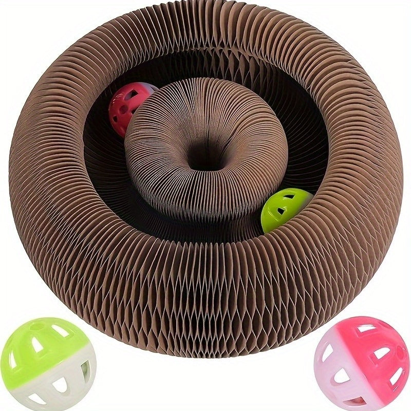 Flower Cat Scratcher Toy with Magnetic Accordion Design, Foldable Corrugated Cardboard Scratching Surface and Bell Ball for Indoor Cat Play