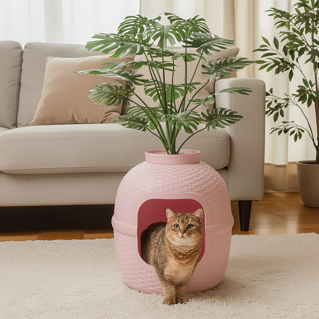 Hidden Litter Box with Plant and Rattan Pattern, Waterproof PP Cat Litter Furniture for Indoor Homes, Easy Assembly and Cleaning, Brown or OW