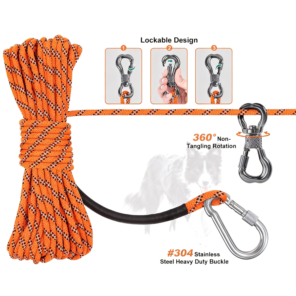 Dog Trolley System for Camping, 50/75/100ft Reflective Overhead Tie-Out Cable Run for Dogs up to 200lbs, Portable Dog Lead for Yard and Parks, Orange/Green/Blue