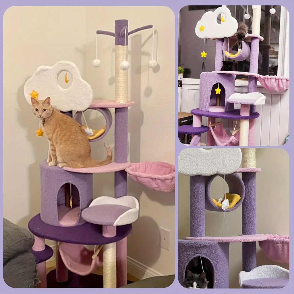 Moon and Star Cat Tree, 65 Inch Purple and Pink Indoor Cat Tower with Hammock, Condo, Sisal Scratching Post and Ladder for Climbing and Rest