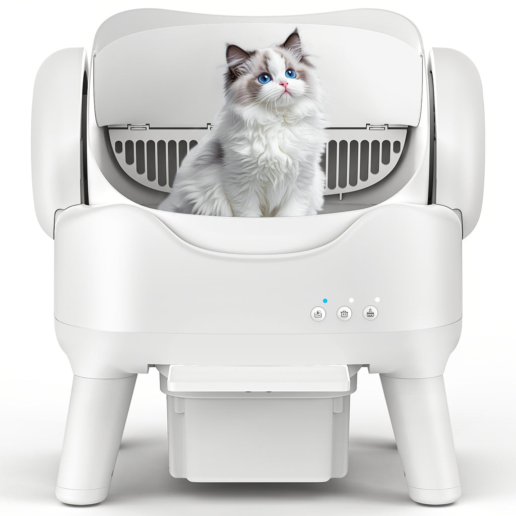 Open Top Self Cleaning Litter Box in White, Automatic Cat Toilet with High Sides, Low Noise Operation and 3.96 Gallon Waste Drawer