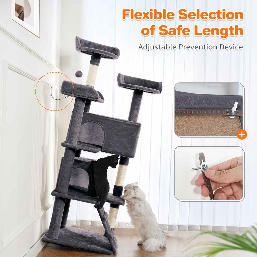 Cat Tree with Two Condo Retreats in Light Grey, Multi-Level Indoor Cat Tower with Scratching Posts and Play Toys for Kittens and Cats to Climb, Rest and Explore