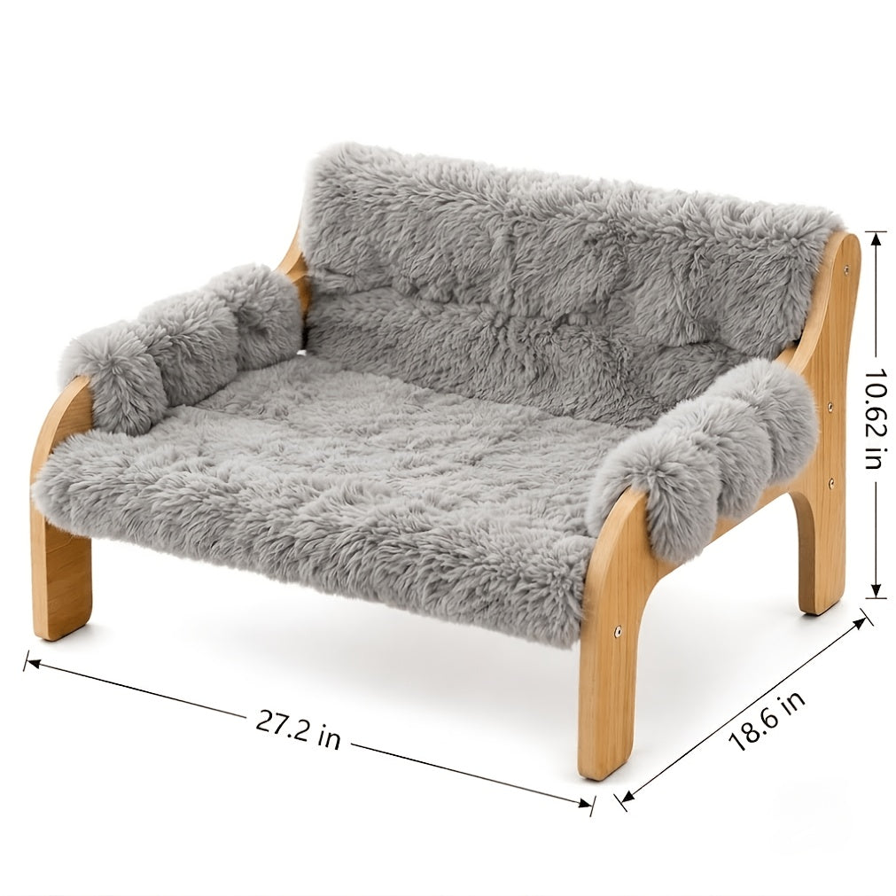 Wooden Cat Sofa Bed with Removable Washable Plush Blanket, Elevated Pet Couch for Cats and Small Dogs up to 40 lbs, Gray or White