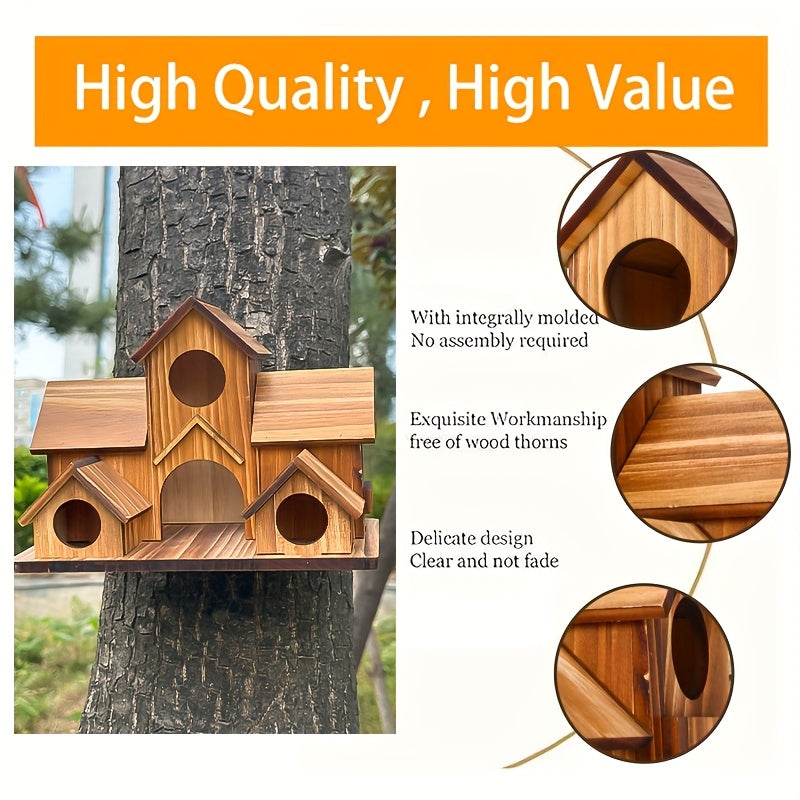 Villa Style Wooden Birdhouse with Multiple Entry Openings, Compact Wood Color Bird House for Outdoor Garden Decor and Bird Lover Gifts