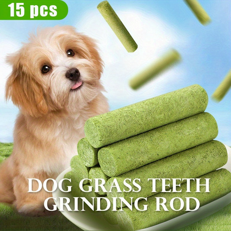 Dog Grass Snack Sticks 15 Count, Green Rod-Shaped Chew Treats for Supervised Reward Time, Everyday Snacking and Dog Lover Gift Baskets