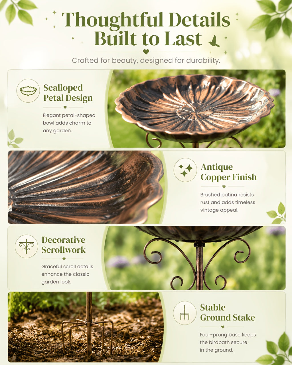 Garden Bird Bath with Ground Stake, 30.31-Inch Retro Metal Birdbath with Scalloped 10-Inch Basin, Copper or Bronze Color for Outdoor Yards