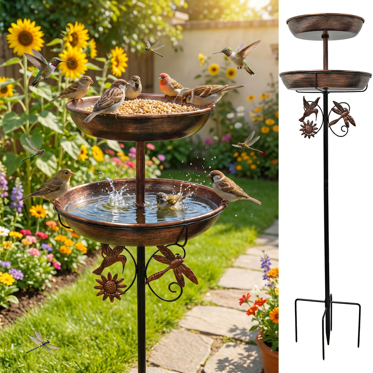 Bird Bath and Feeder 2-in-1, Bronze Double-Tier Iron Birdbath with 5-Prong Ground Stake and Vintage Garden Accents for Outdoor Yards