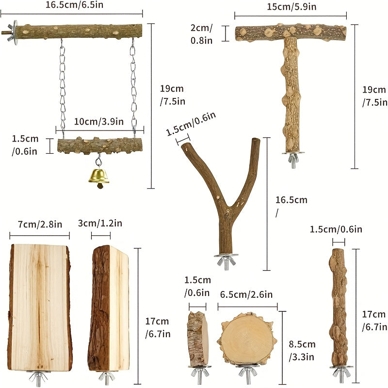 Parrot Perch Set 6 Pieces in Sichuan Pepper Wood, Bird Swing and T-Shaped Platform Combination for Supervised Perching and Cage Exploration