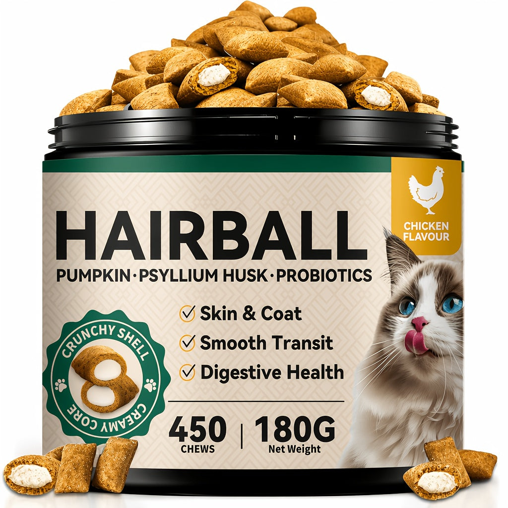 Cat Hairball Treats with Fiber and Fish Oil, Dual-Texture Crunchy and Creamy Cat Snacks for Indoor Cats, Chicken Flavor and Multipack Options