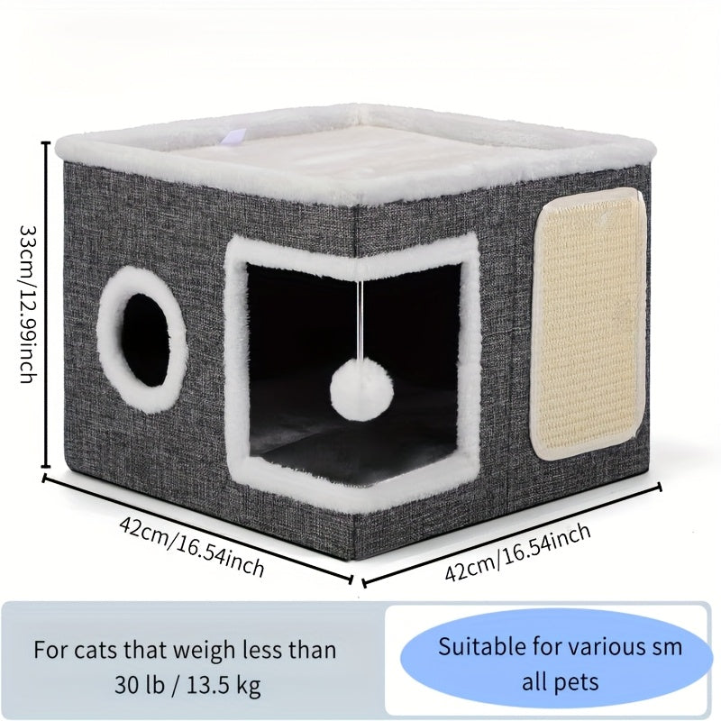 Cat Cube Bed with Foldable Canvas Design and Hanging Plush Ball, Nylon Frame Indoor Hideaway in Gray Classic or Extended Dual-Port Styles