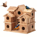 Pine Wood Birdhouse with 10 Listed Compartments, Multi-Roof Cottage Bird House with Round Entry Openings for Outdoor Garden, Patio and Backyard Decor