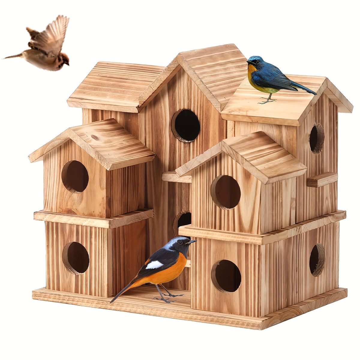 Pine Wood Birdhouse with 10 Listed Compartments, Multi-Roof Cottage Bird House with Round Entry Openings for Outdoor Garden, Patio and Backyard Decor