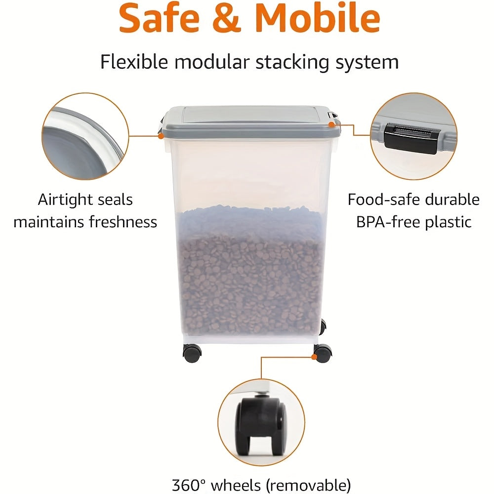 Rolling Pet Food Storage Containers with Locking Lids, Stackable Airtight Dog and Cat Dry Food Bins with Scoop, Gray/Clear Pantry Organizer