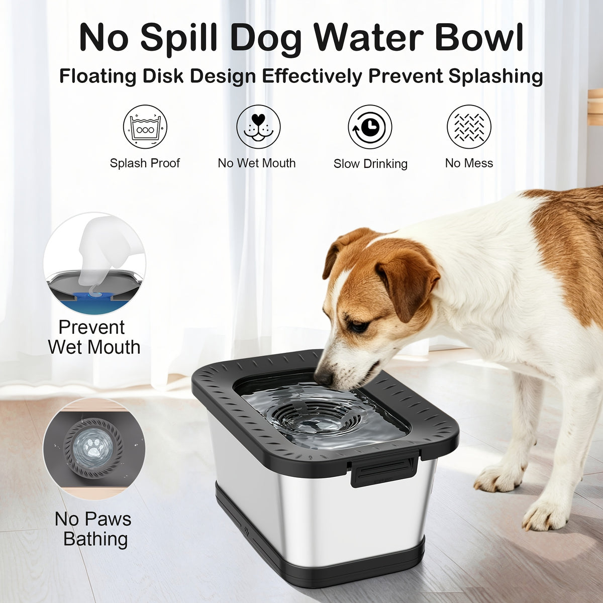 Splash-Reducing Dog Water Bowl 7L, Stainless Steel Slow Drinking Design for Messy Drinkers and Indoor Outdoor Pet Watering, Filter Pack Options