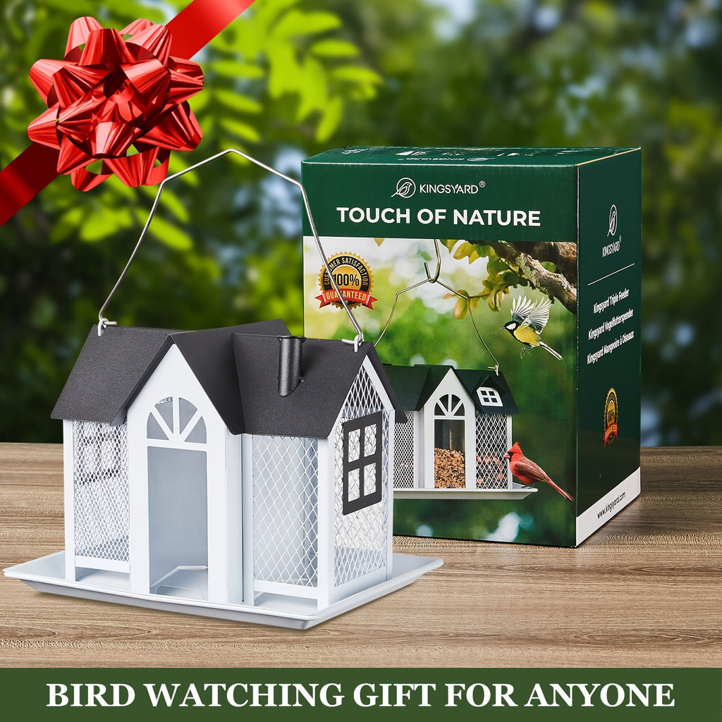 Outdoor Bird Feeder House with Triple Feeding Areas, Metal Mesh Wild Bird Seed Feeder for Finches, Cardinals and Chickadees, Five Color Options