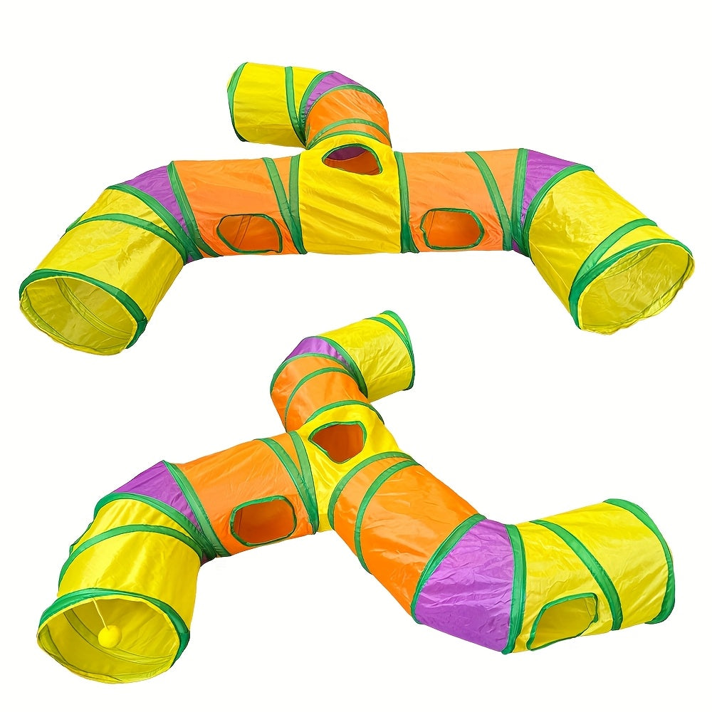T-Shaped Cat Tunnel with Hanging Ball, Collapsible Polyester Play Tube with Multiple Entrances for Indoor Cat Hide-and-Seek and Daily Exploration