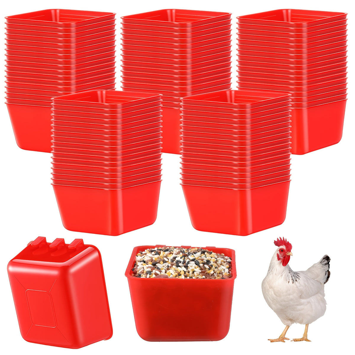 Chicken Feeder Cups 50 Pack, Red 16 Oz Hanging Cage Food and Water Bowls for Poultry, Parrots, Parakeets, Pigeons and Bunny Feeding Routines
