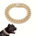 Cuban Chain Dog Collar with Rhinestones, 14mm Wide Metal Pet Necklace in Golden, White or Red for Dress-Up Photos, Parties and Holiday Gifts