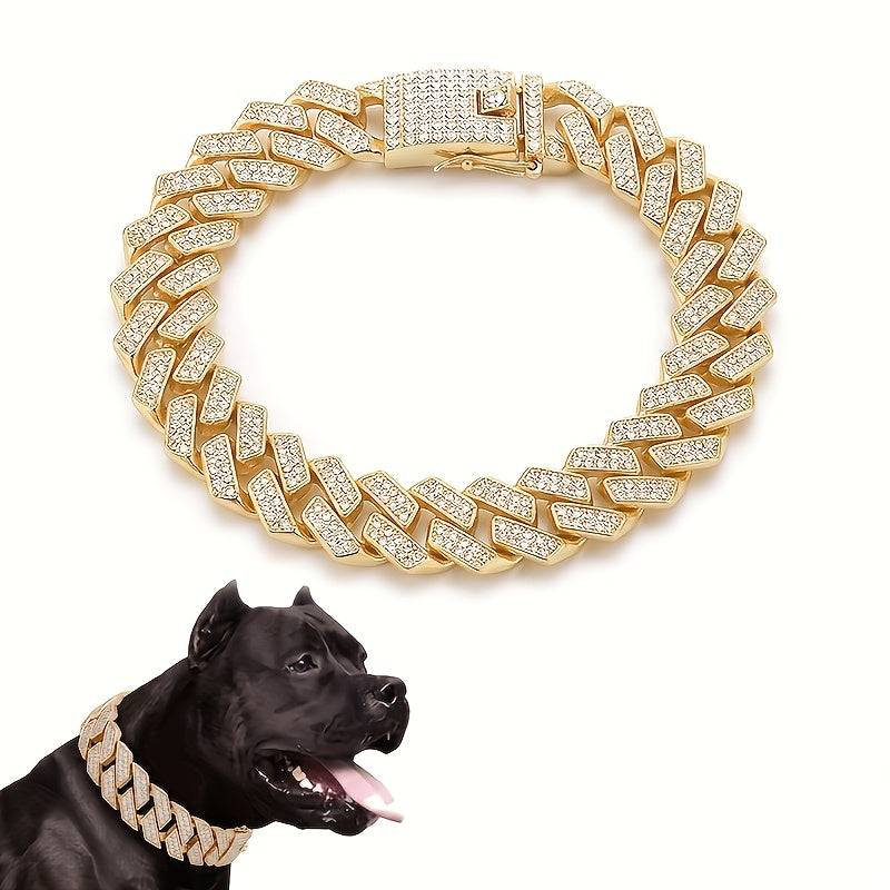 Cuban Chain Dog Collar with Rhinestones, 14mm Wide Metal Pet Necklace in Golden, White or Red for Dress-Up Photos, Parties and Holiday Gifts
