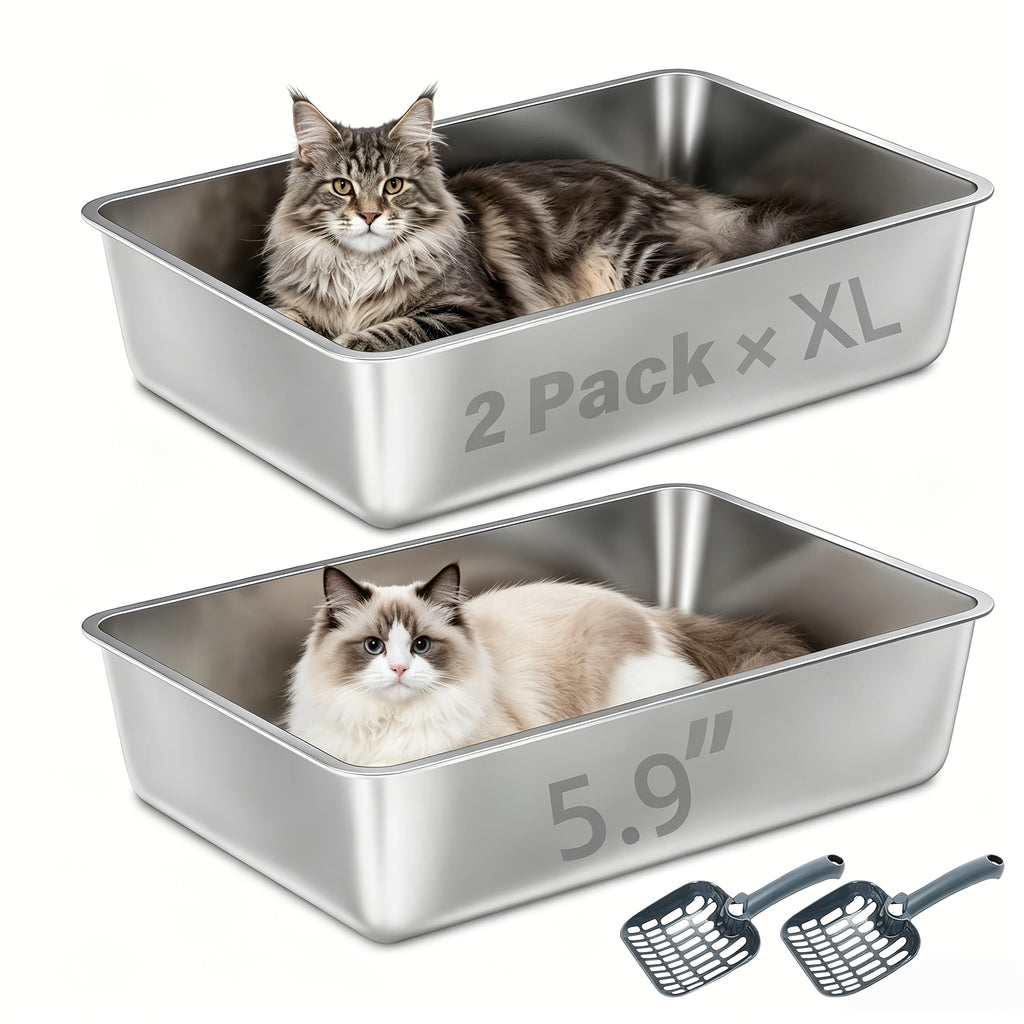 Stainless Steel Cat Litter Box Twin Set, 2-Pack Easy-Clean Metal Litter Pans with 2 Scoops and Non-Slip Bottom Pads, Three Size Options