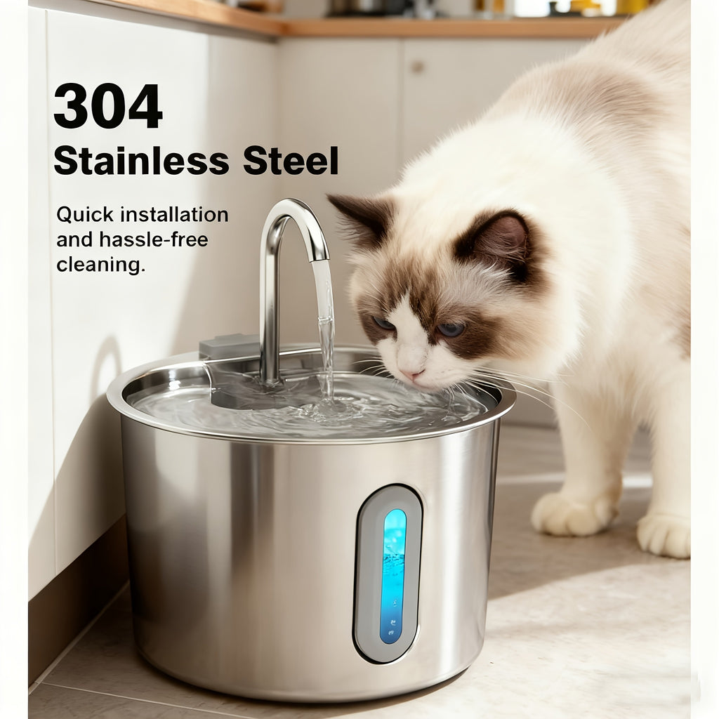 Cat Water Fountain with Filter and Sponge Bundles, 74oz 2.2L Stainless Steel Drinking Dispenser with Water Level Window for Indoor Cats and Small Dogs