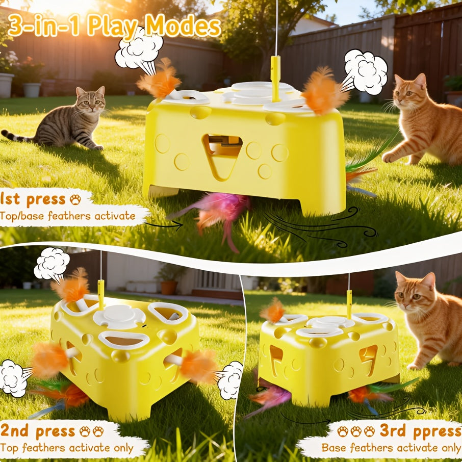 Interactive Cat Toy with Cheese-Shaped Base, 6-Hole Pop-Up Feathers and Flying Bird Wand, USB Rechargeable 3-Mode Toy for Indoor Cat Play