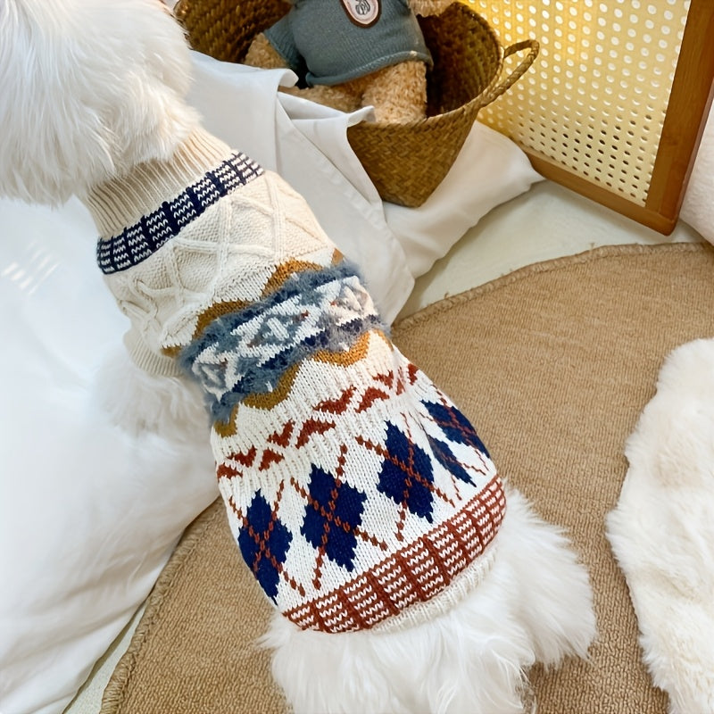 Fair Isle Dog Sweater, Cable Knit Turtleneck Winter Pullover in Beige or Blue, XS-XL Pet Clothing for Cozy Indoor Wear and Cool Weather Walks