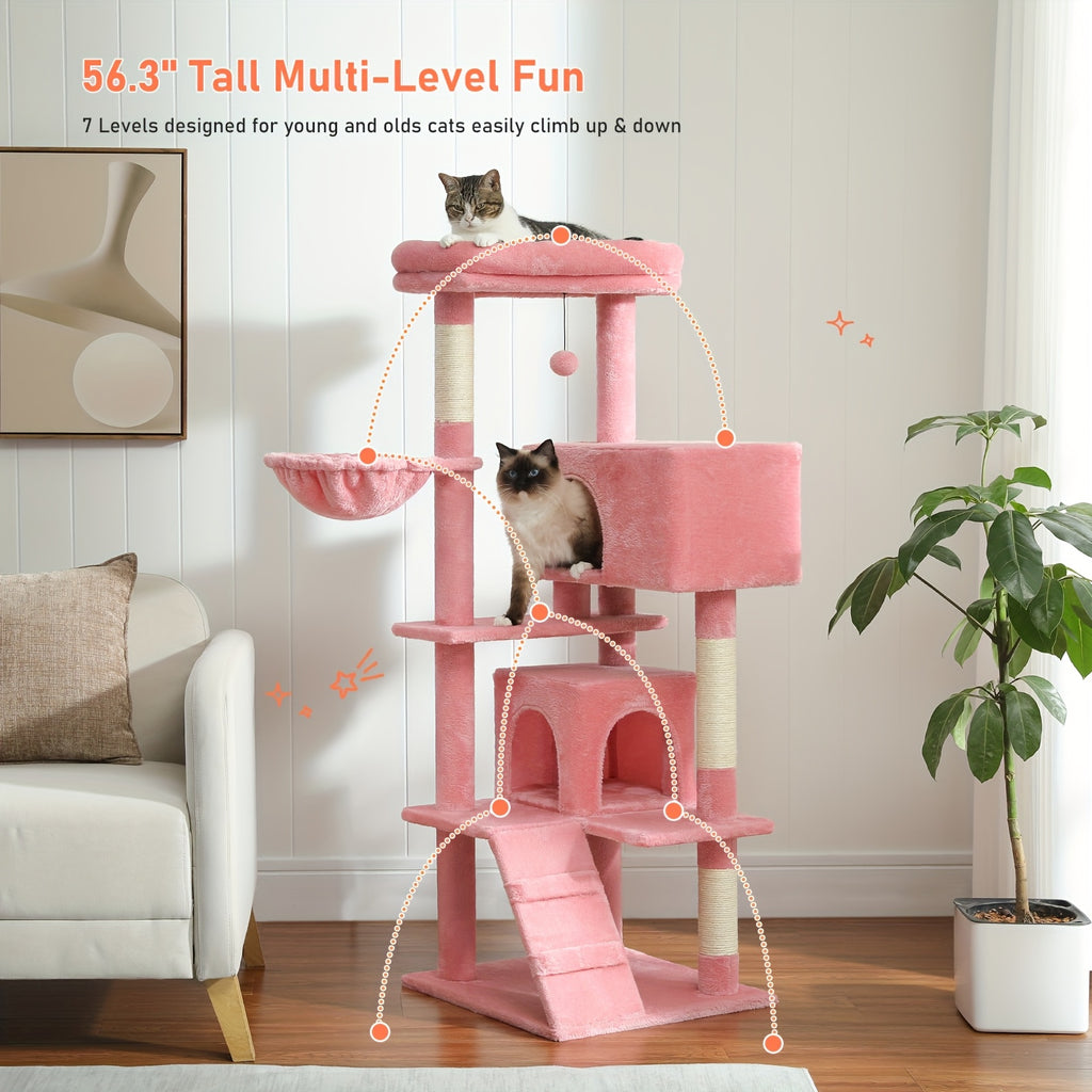 Cat Tree with Oversized Top Perch, 56.3 Inch Multi-Level Indoor Cat Tower with Hammock, Two Condo Hideaways and Scratching Posts, Five Colors