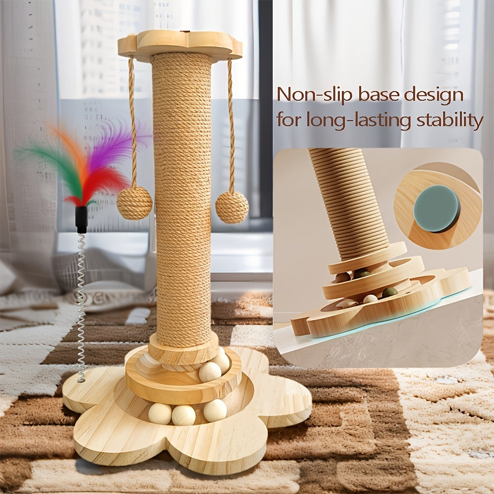 4-in-1 Cat Scratching Post with Wooden Ball Track, Sisal Scratcher with Six Wooden Balls, Feather Teaser and Hanging Toys for Indoor Cats