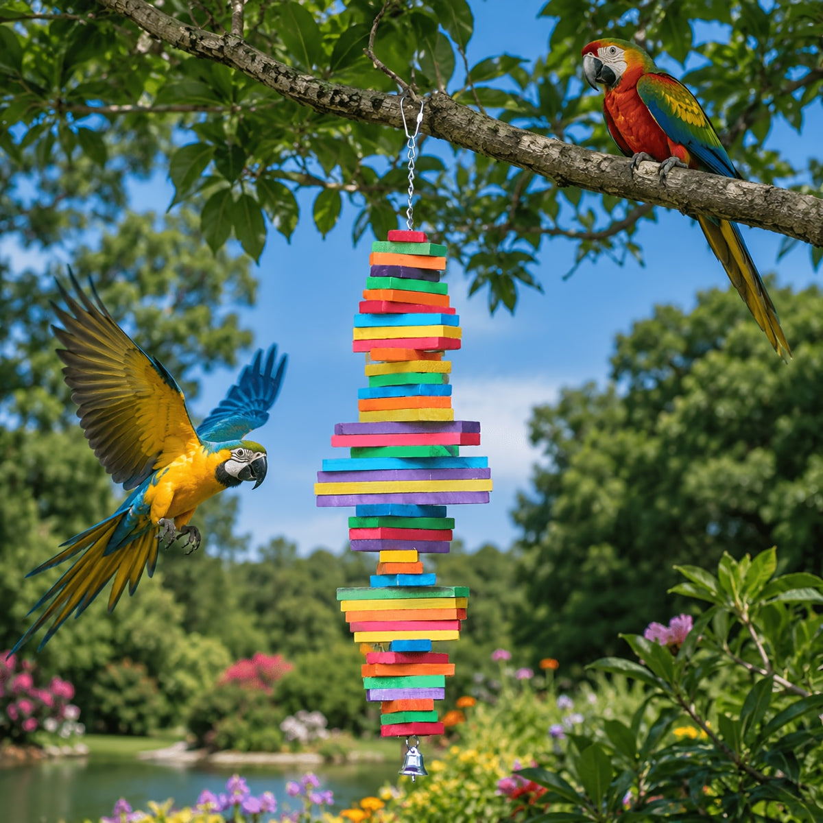 Parrot Toys with Colorful Wood Chew Designs, 12 Selectable Bird Cage Accessory Styles Including Apple, Banana, Coconut and Block Options for Enrichment