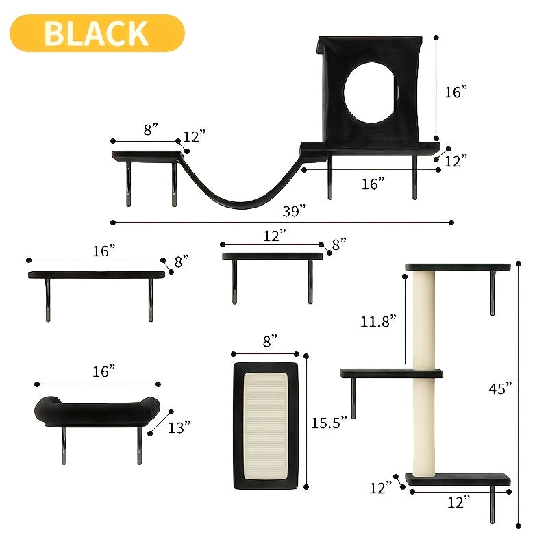 Cat Wall Furniture Set 6-Piece with Shelves, Condo, Scratching Board, Bridge and Tunnel, Wall-Mounted Indoor Cat Climbing and Resting Perches