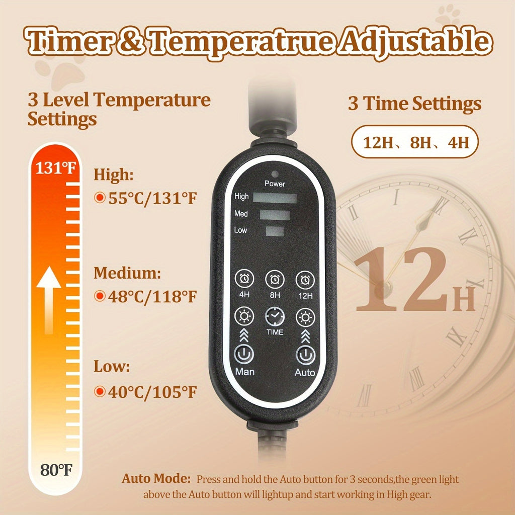 Automatic Pet Heating Pad for Dogs and Cats, 10-Second Rapid Warm-Up, Selectable Heating Time, Manual and Automatic Modes in Small and Large