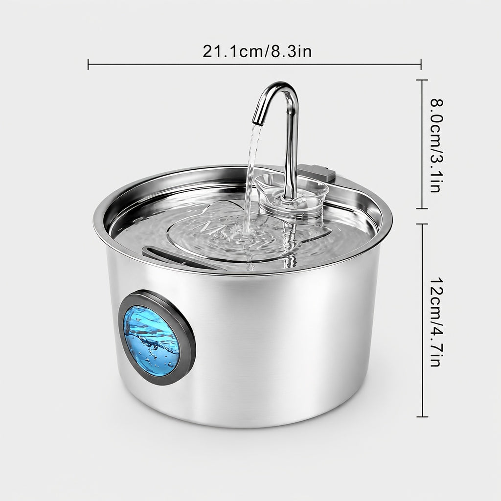 Dog Water Fountain 108oz 3.2L, 304 Stainless Steel Pet Drinking Dispenser with Round Water Level Window and 2, 4 or 8 Filter Bundles for Cats and Dogs