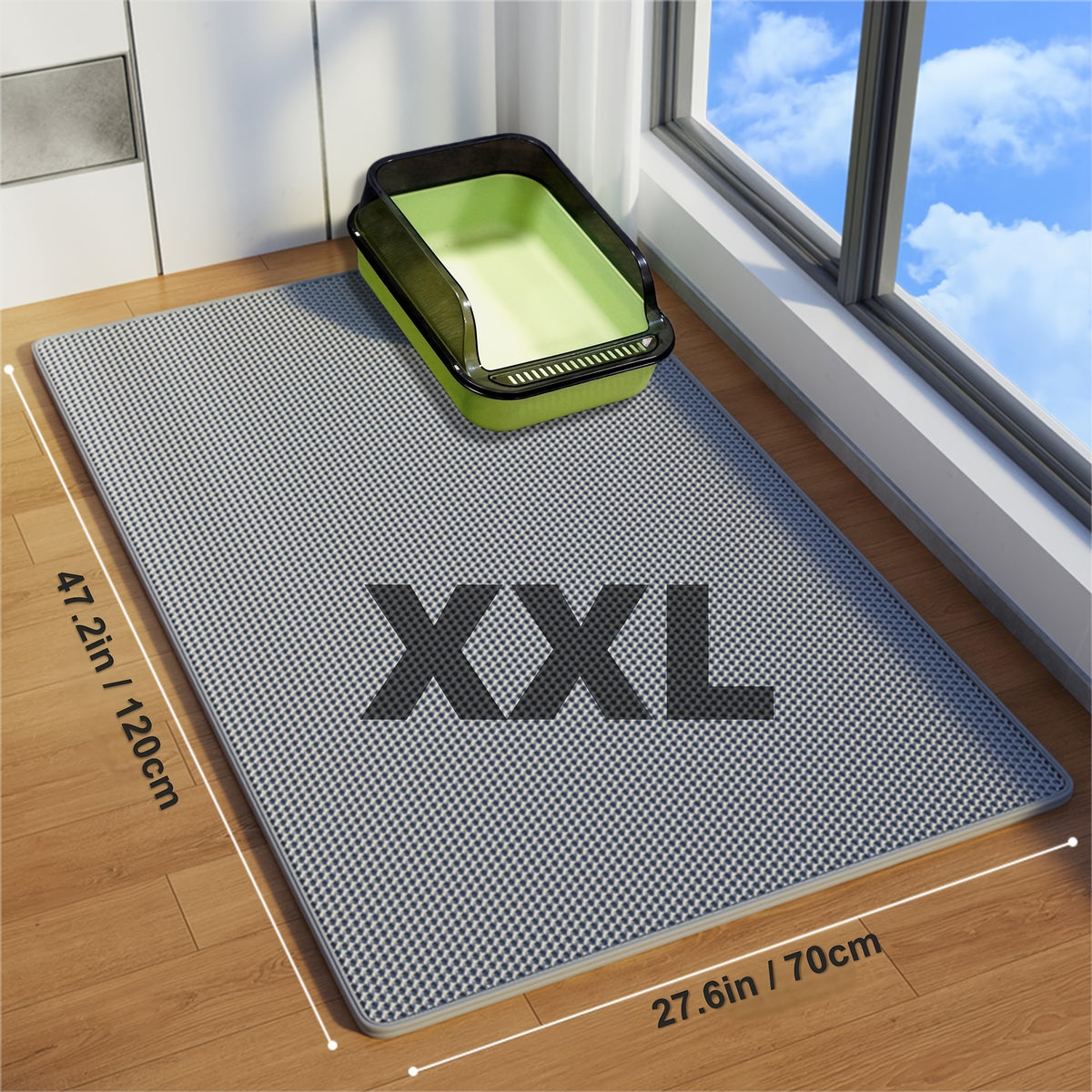 XXL Cat Litter Mat 47.2 x 27.6 Inches, Grey Double Layer EVA Litter Catcher with Non-Slip Design, Washable Scatter Control for Indoor Litter Box Areas