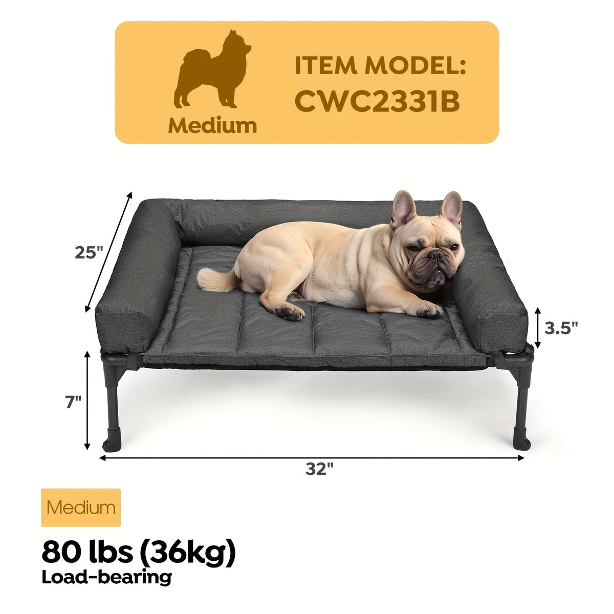 Elevated Dog Bed with Removable Pillow-Top Mat, Three-Sided Bolster Pet Cot with Breathable Teslin Mesh, Steel Frame and Non-Slip Feet in Four Sizes