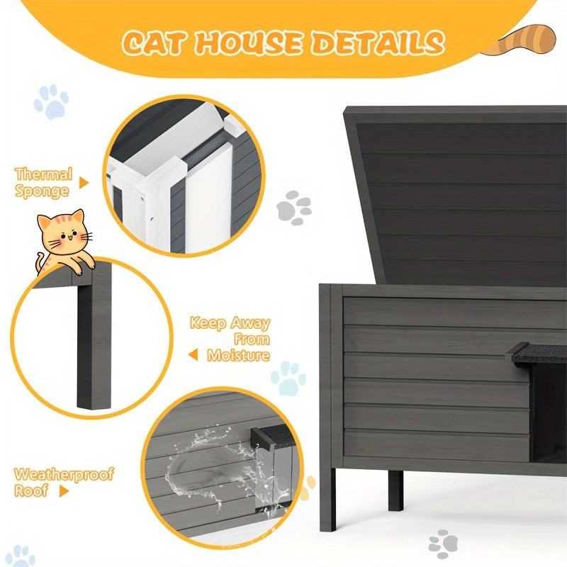 Wooden Outdoor Cat House with Six-Side Foam Insulation, Raised Floor and Feeding Station, 34.4 x 21.7 x 27.2 Inch Feral Cat Shelter in Grey or Coffee
