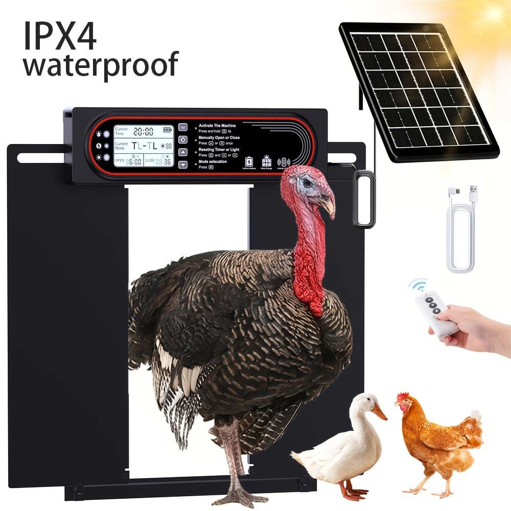 Horizontal Sliding Chicken Coop Door with Dual Opening, Remote and Manual Control, USB Backup and Black Finish for Backyard Poultry Coops