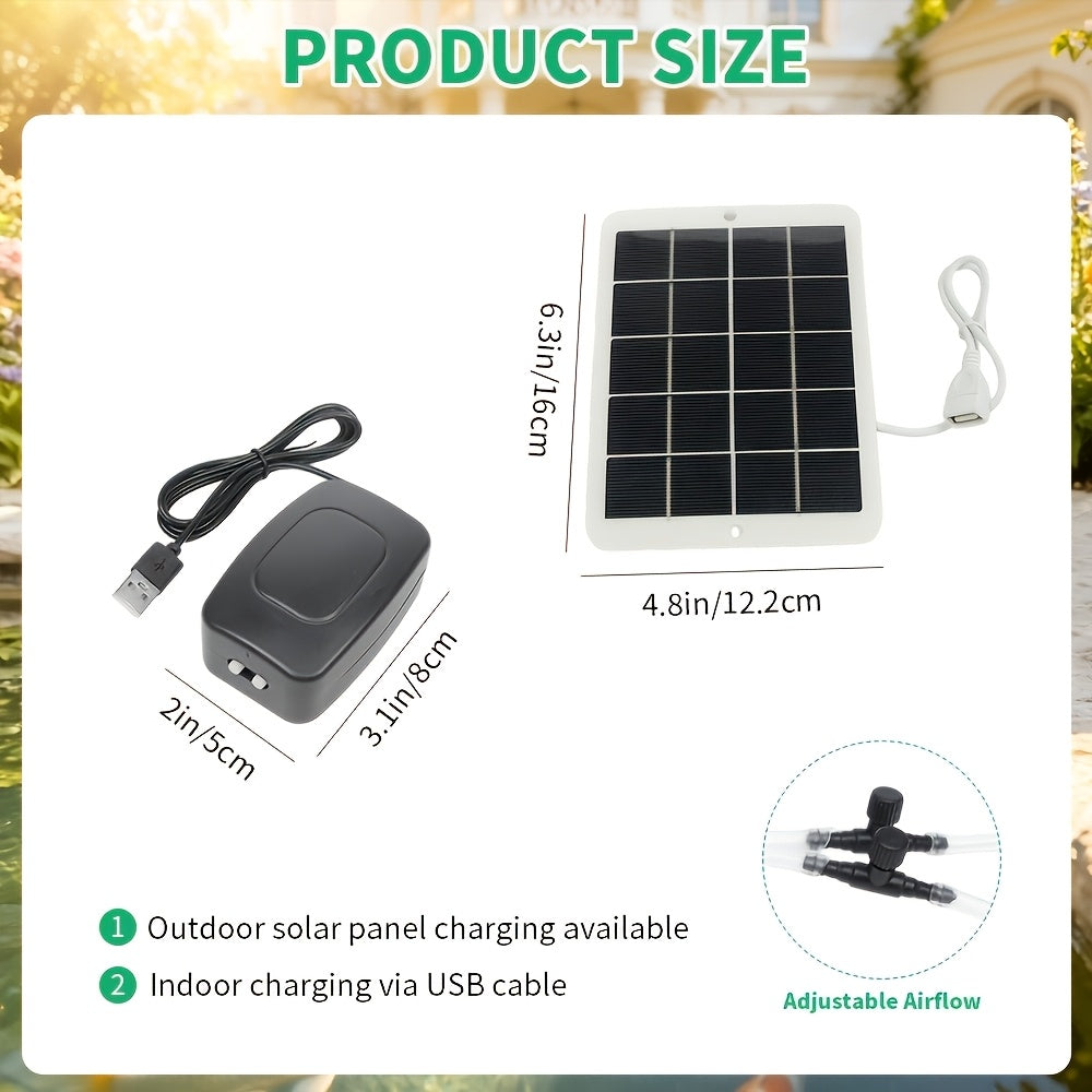 Solar Pond Air Pump with Dual Outlets, Portable Hanging Aquarium Aerator with Solar Panel, Air Tubing and Two Air Stones for Outdoor Fishkeeping