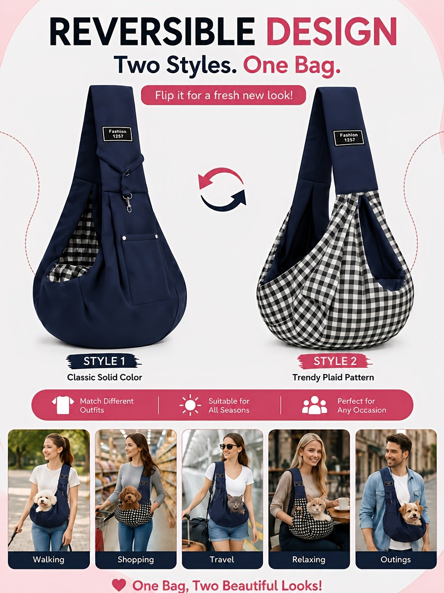 Reversible Dog Carrier Sling with Storage Pocket for 3-15 lb Small Dogs and Cats, Hands-Free Puppy Carrying Pouch in Pink or Blue for Outings