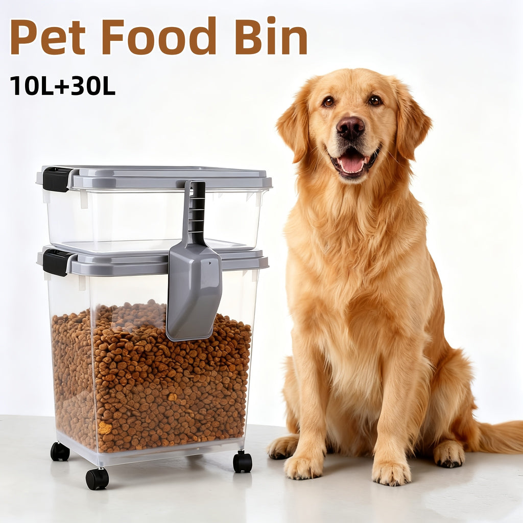 Rolling Pet Food Storage Containers with Locking Lids, Stackable Airtight Dog and Cat Dry Food Bins with Scoop, Gray/Clear Pantry Organizer