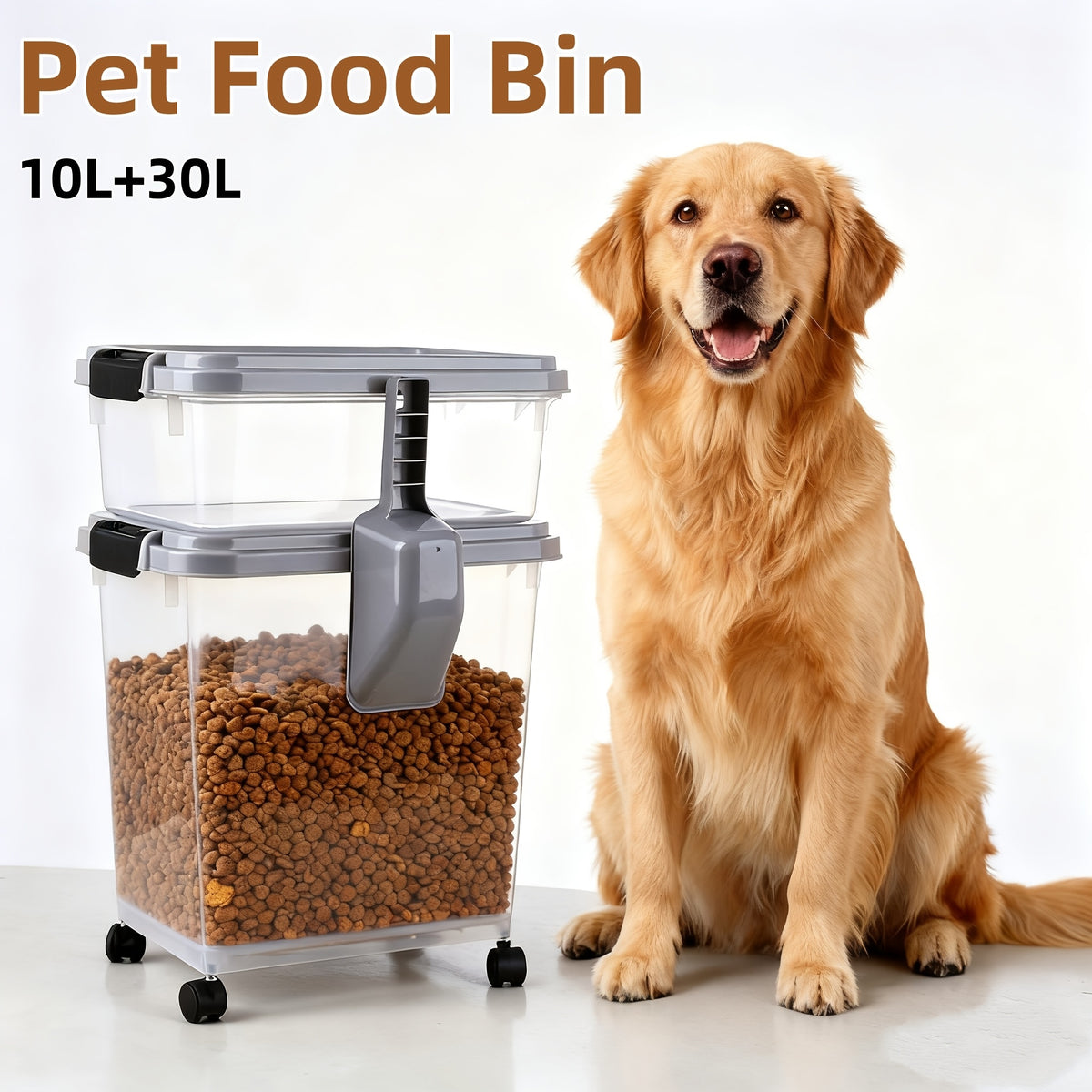 Rolling Pet Food Storage Containers with Locking Lids, Stackable Airtight Dog and Cat Dry Food Bins with Scoop, Gray/Clear Pantry Organizer