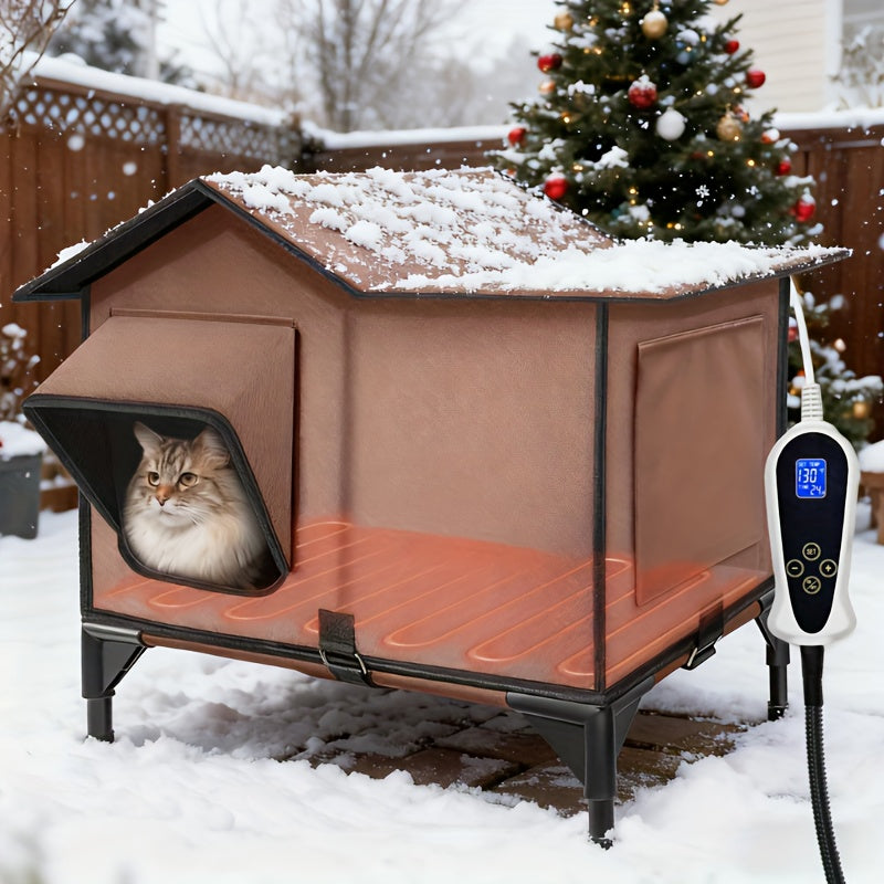 Heated Cat House with Removable Heating Pad and Elevated Bed, Brown 3-in-1 Cat Cave Shelter with Chew-Resistant Power Cord, L or XXL