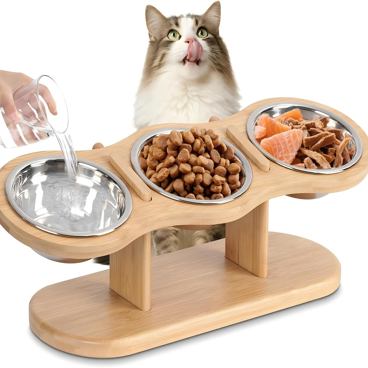 Adjustable Elevated Cat Bowls with 15 Degree Tilt, 2 or 3 Stainless Steel Food and Water Dishes on Black Stand, Standard or Widened Styles
