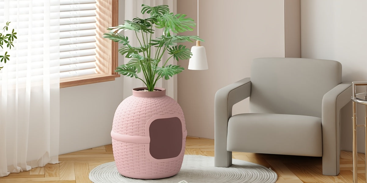 Hidden Litter Box with Plant and Rattan Pattern, Waterproof PP Cat Litter Furniture for Indoor Homes, Easy Assembly and Cleaning, Brown or OW